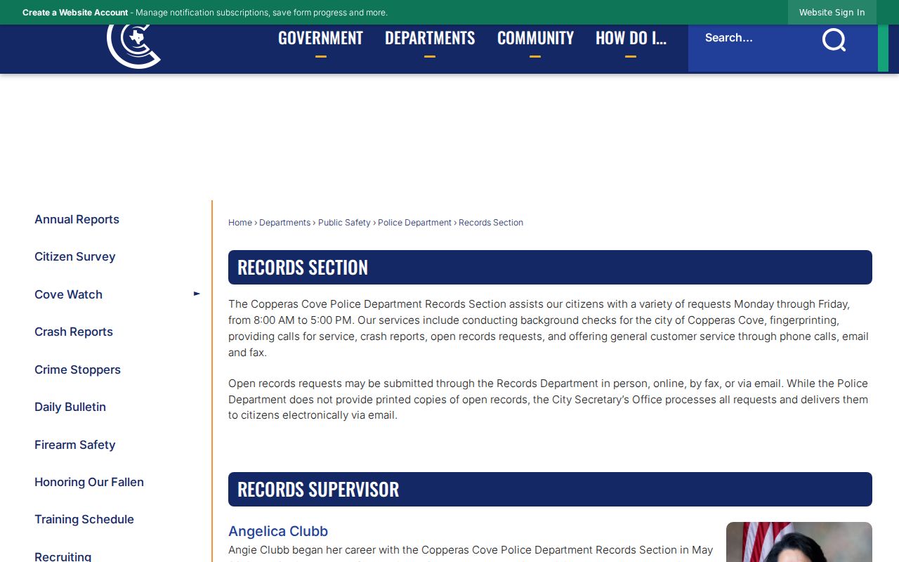 Copperas Cove criminal records Police Records Section page