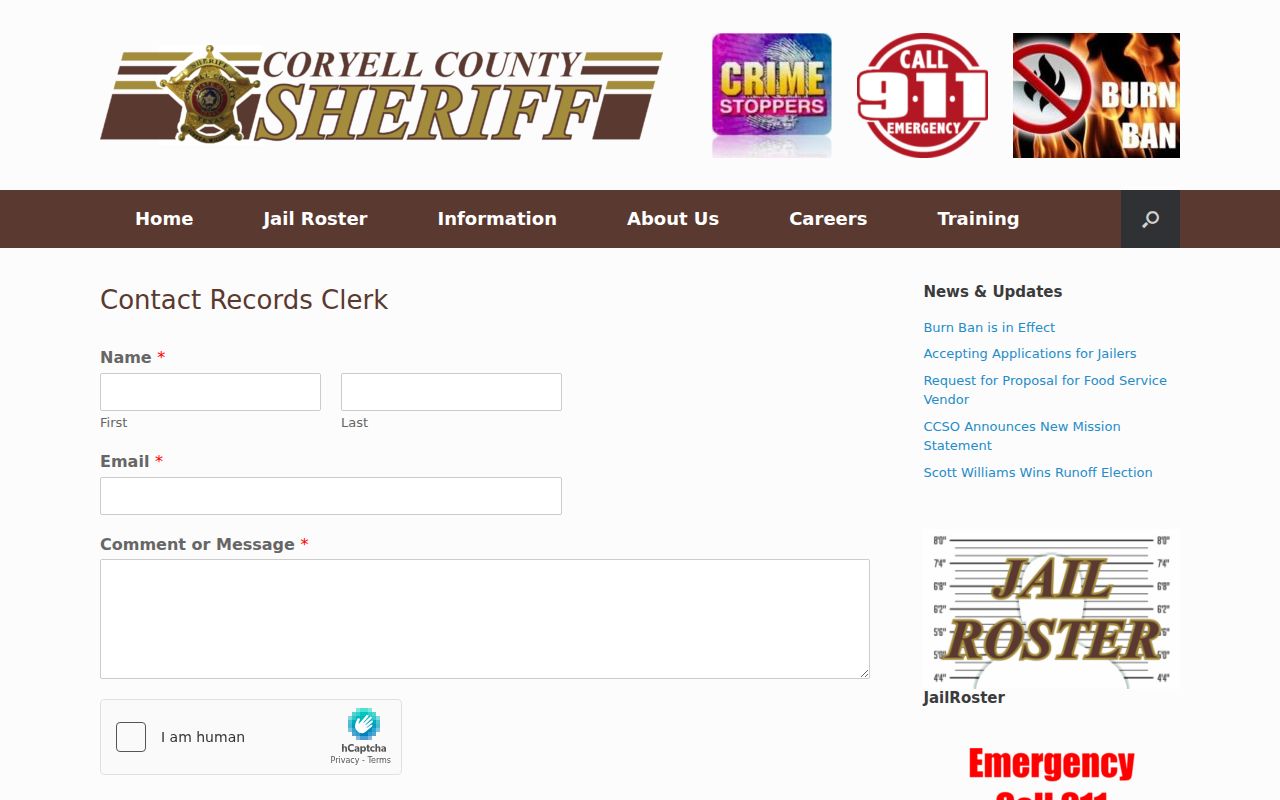 Coryell County arrest lookup Records Clerk web contact form