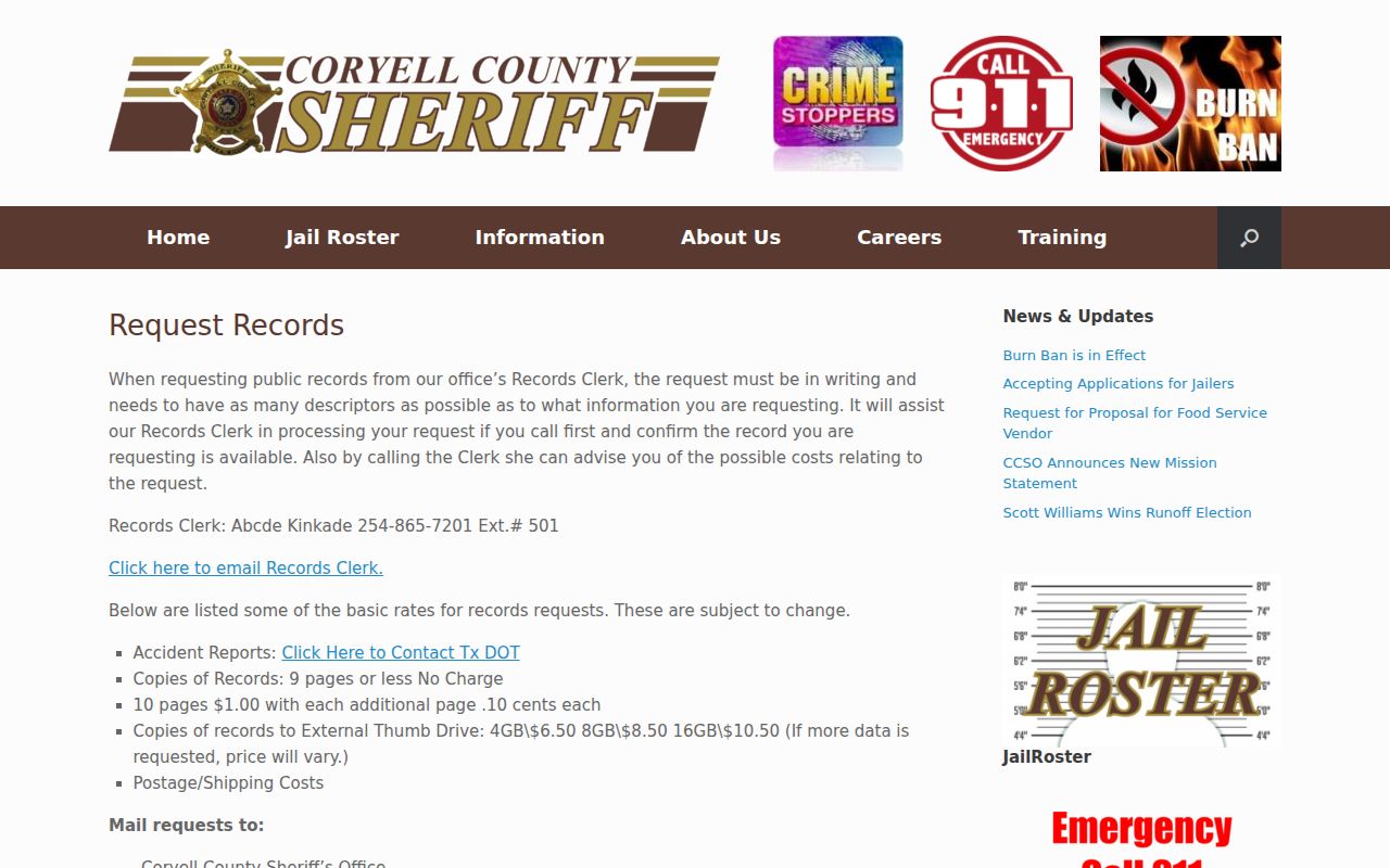 Coryell County arrest record request procedures from the Sheriff