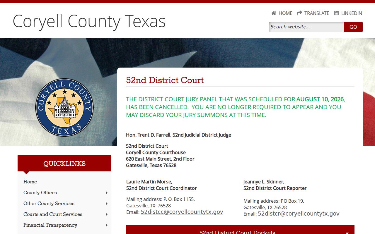 Coryell County criminal court case dockets for the 52nd District Court