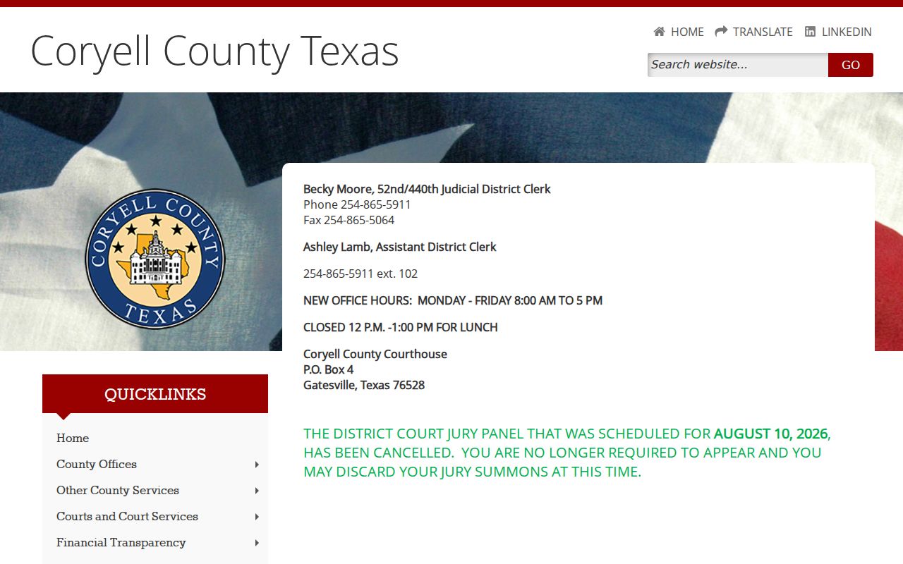 Coryell County criminal court case District Clerk contact and routing page