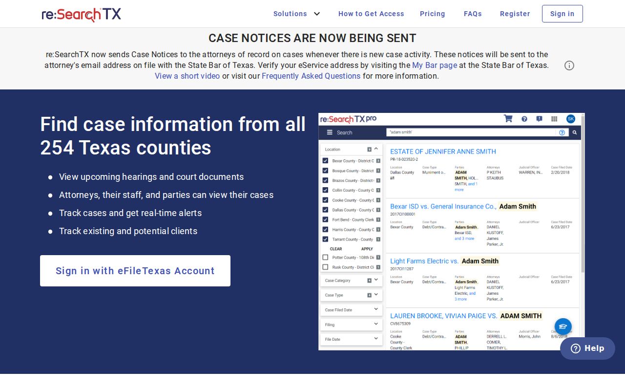 re:SearchTX portal for Coryell County criminal court case research