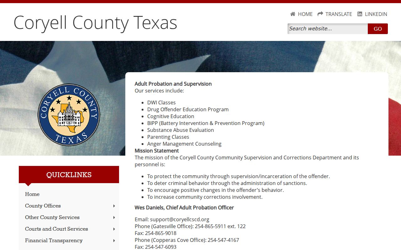 Coryell County Community Supervision and Corrections Department webpage