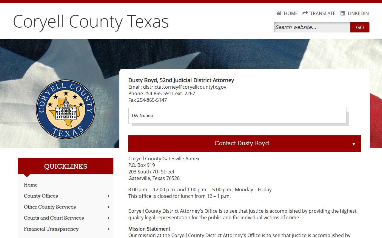 Coryell County District Attorney official office webpage