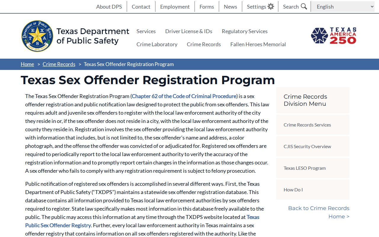 Texas DPS program information for Coryell County sex offender records